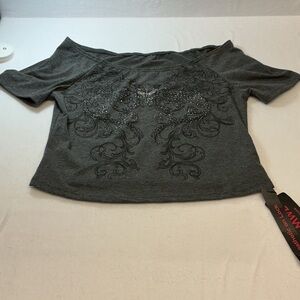 ROMWE Dark Gray Off-Shoulder Tee with Embellishments 0265